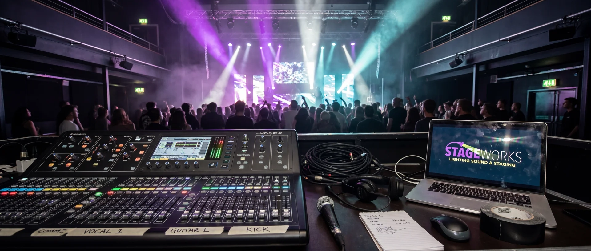 Live event with stage lighting and front-of-house console